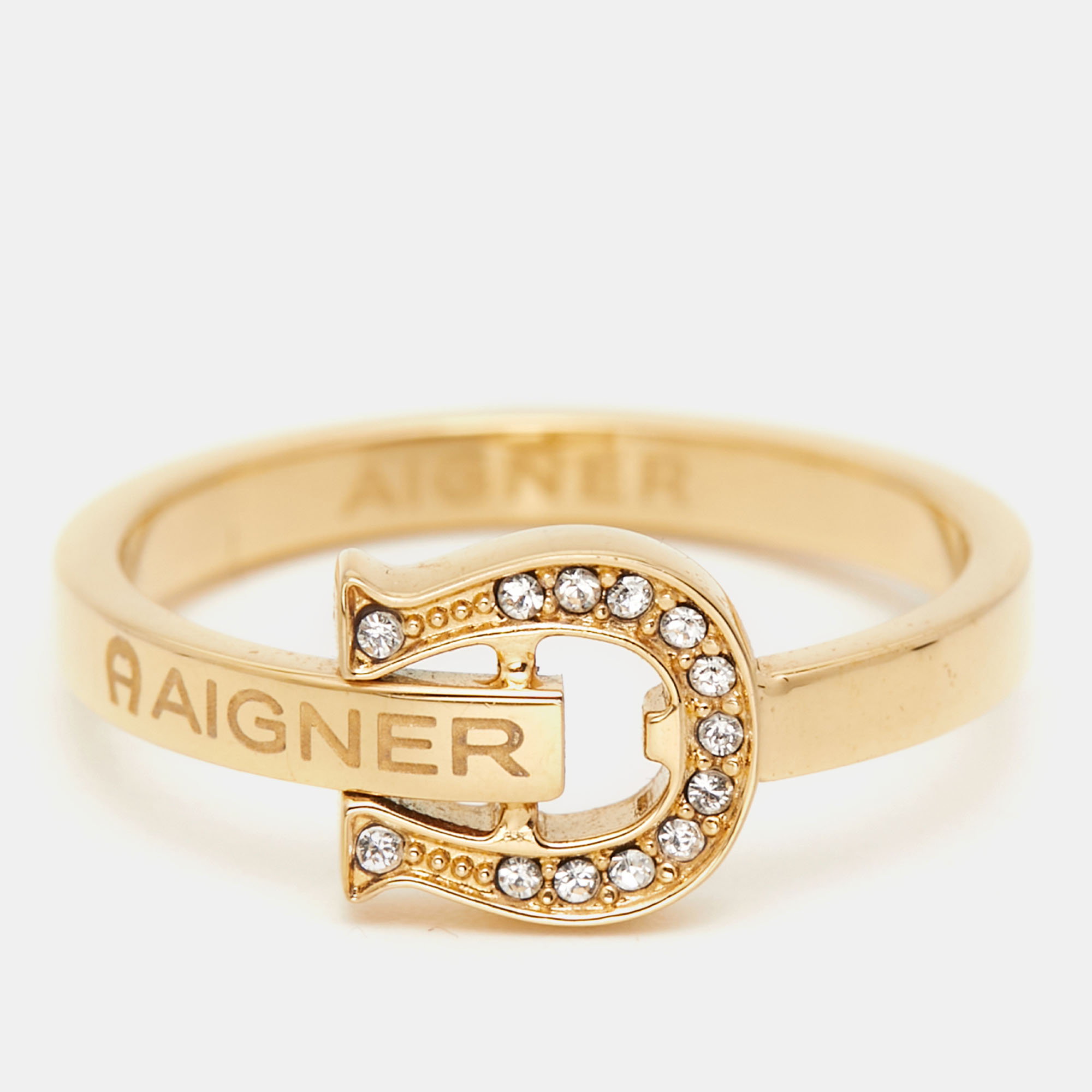

Aigner Gold Tone Crystal Embellished Logo Band Ring Size EU 56
