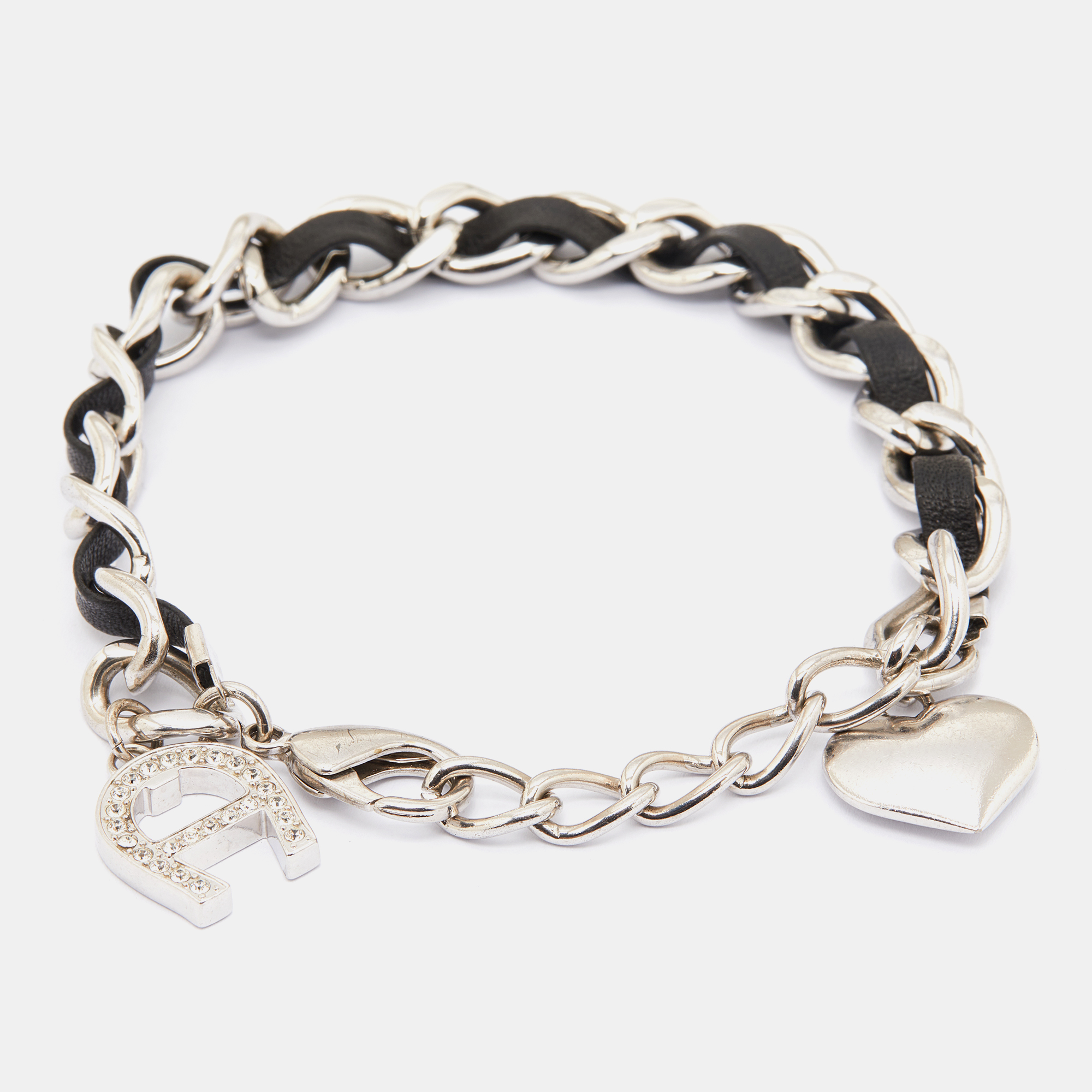 Pre-owned Aigner Black Leather & Silver Tone Metal Chain Bracelet