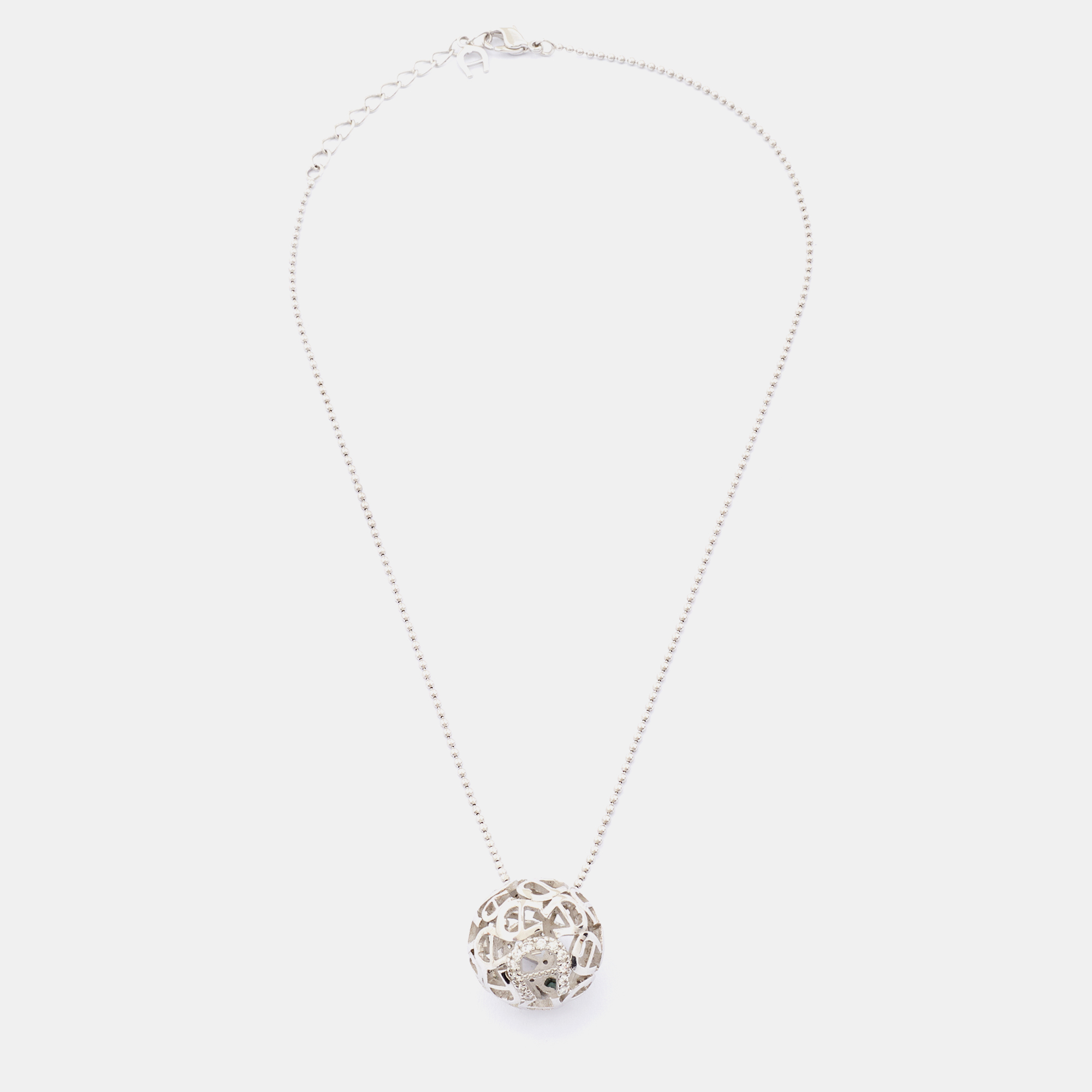 

Aigner Silver Tone Crystal Logo Hollow Ball Pendant Necklace