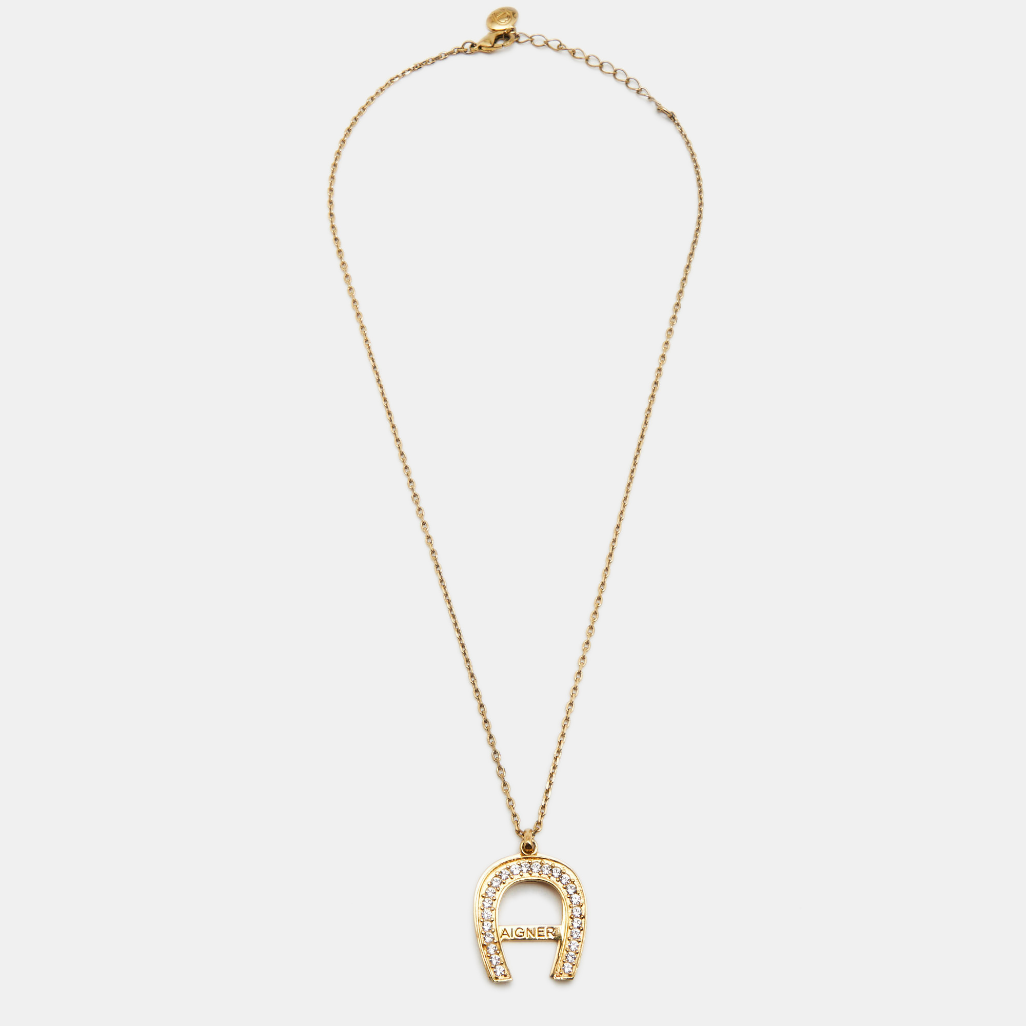 

Aigner Crystal Embellished Logo Gold Tone Pendant Necklace