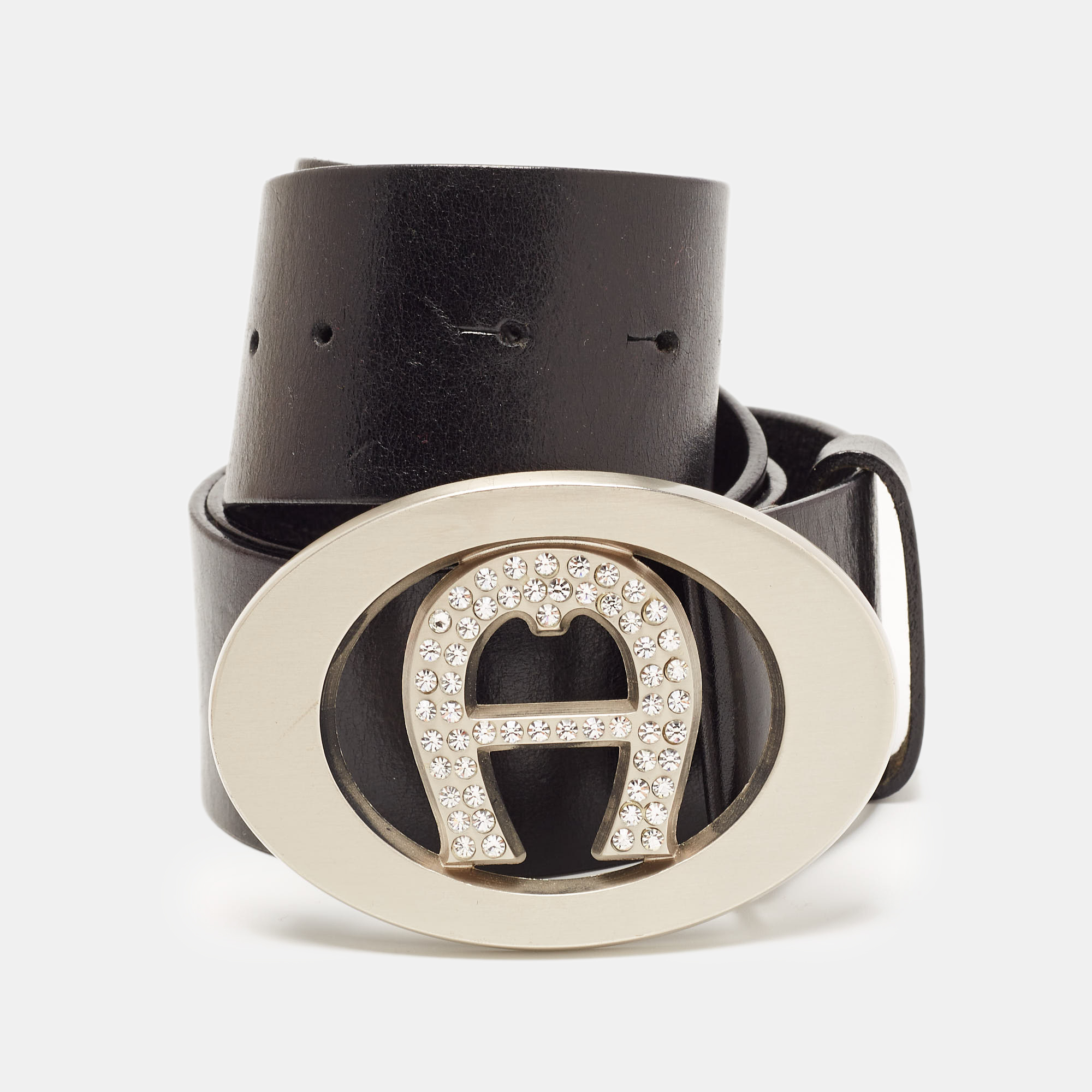 Pre-owned Aigner Black Leather Crystal Embellished Logo Belt 90cm