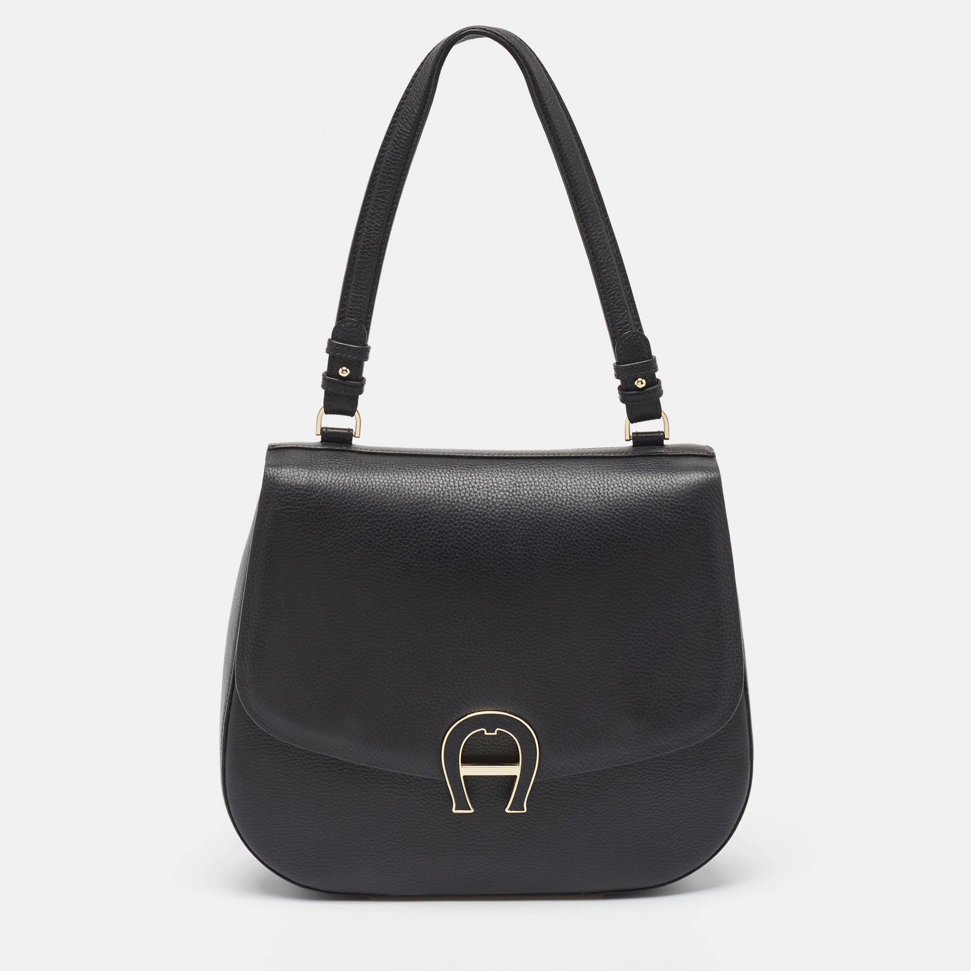 

Aigner Black Leather Logo Flap Top Handle Bag