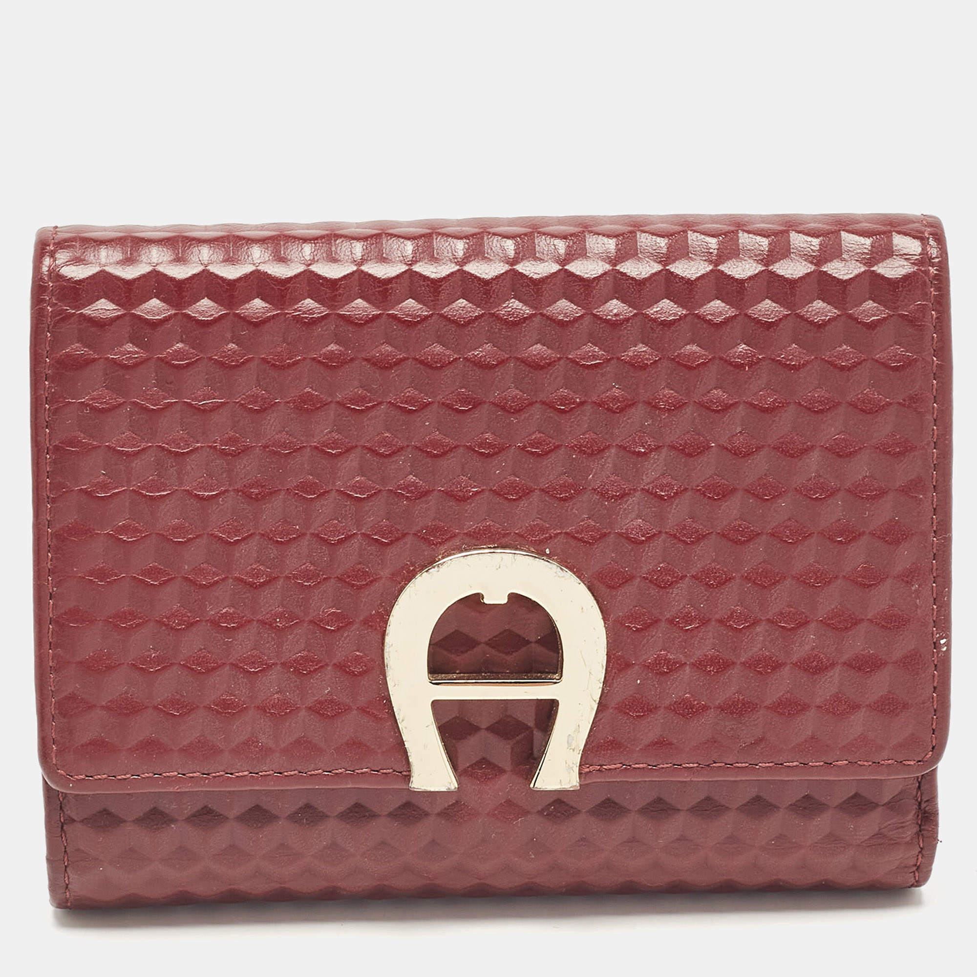 Pre-owned Aigner Burgundy Embossed Leather Genoveva Trifold Compact Wallet