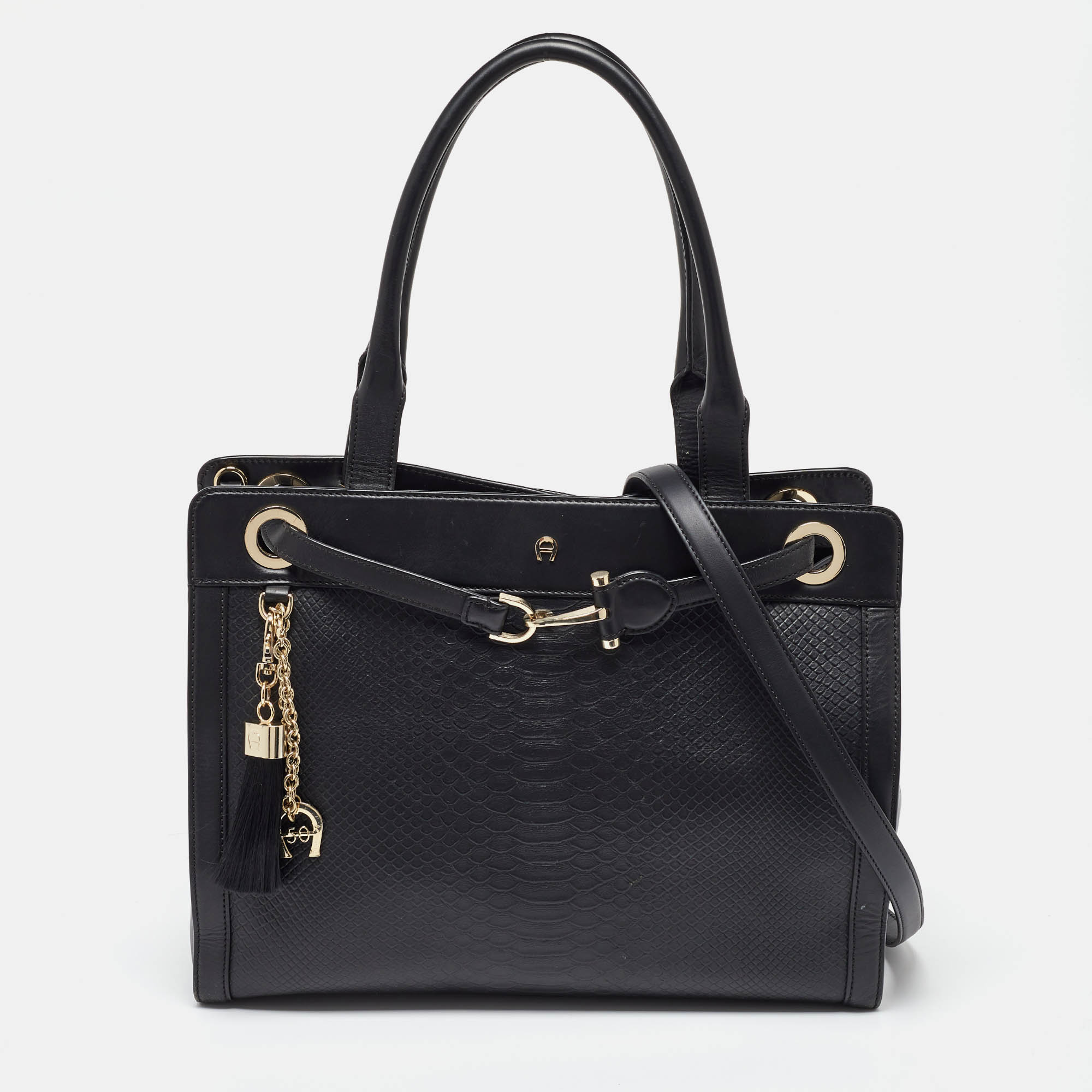 

Aigner Black Croc Embossed Leather Cavallina Tote