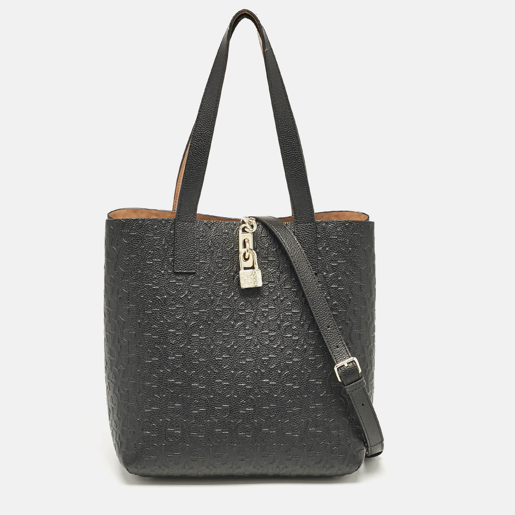 

Aigner Black/Beige Monogram Embossed Leather Leonie Tote