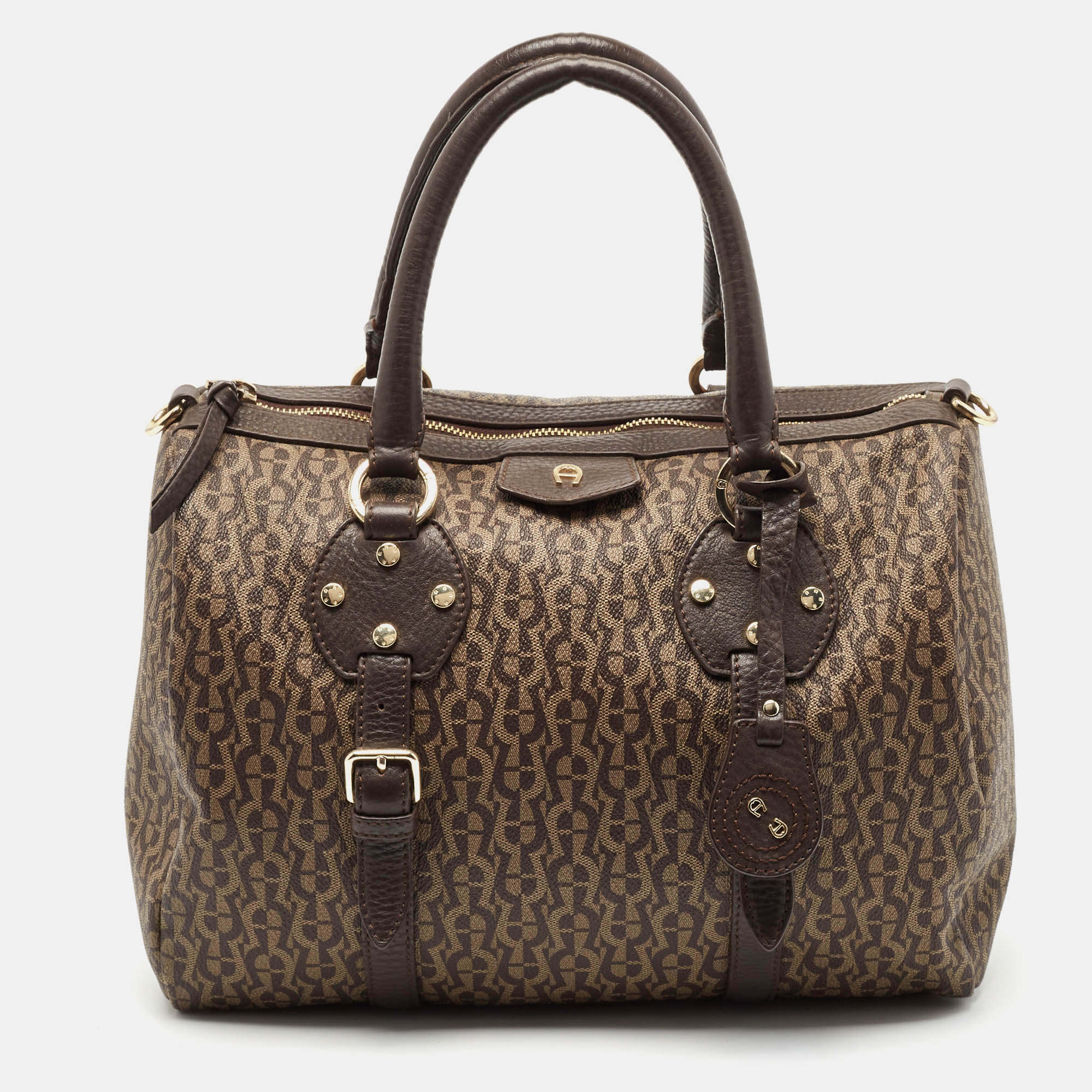 

Aigner Brown/Beige Signature Coated Canvas and Leather Boston Bag