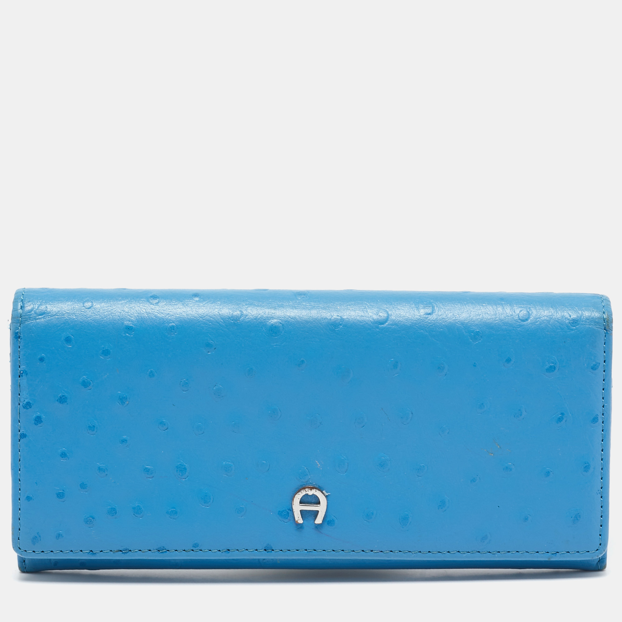 

Aigner Blue Ostrich Embossed Leather Logo Continental Wallet