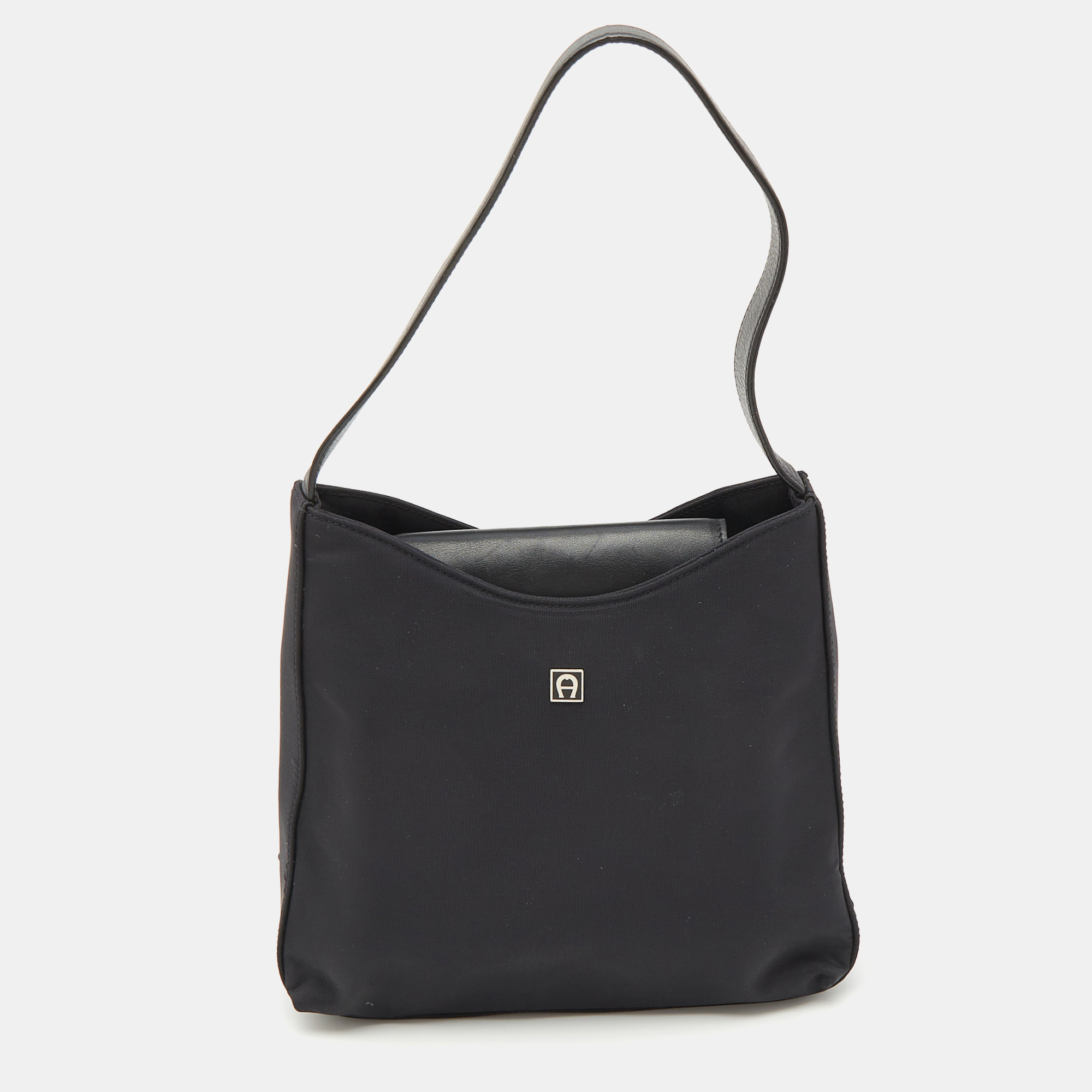 

Aigner Black Leather and Nylon Flap Hobo