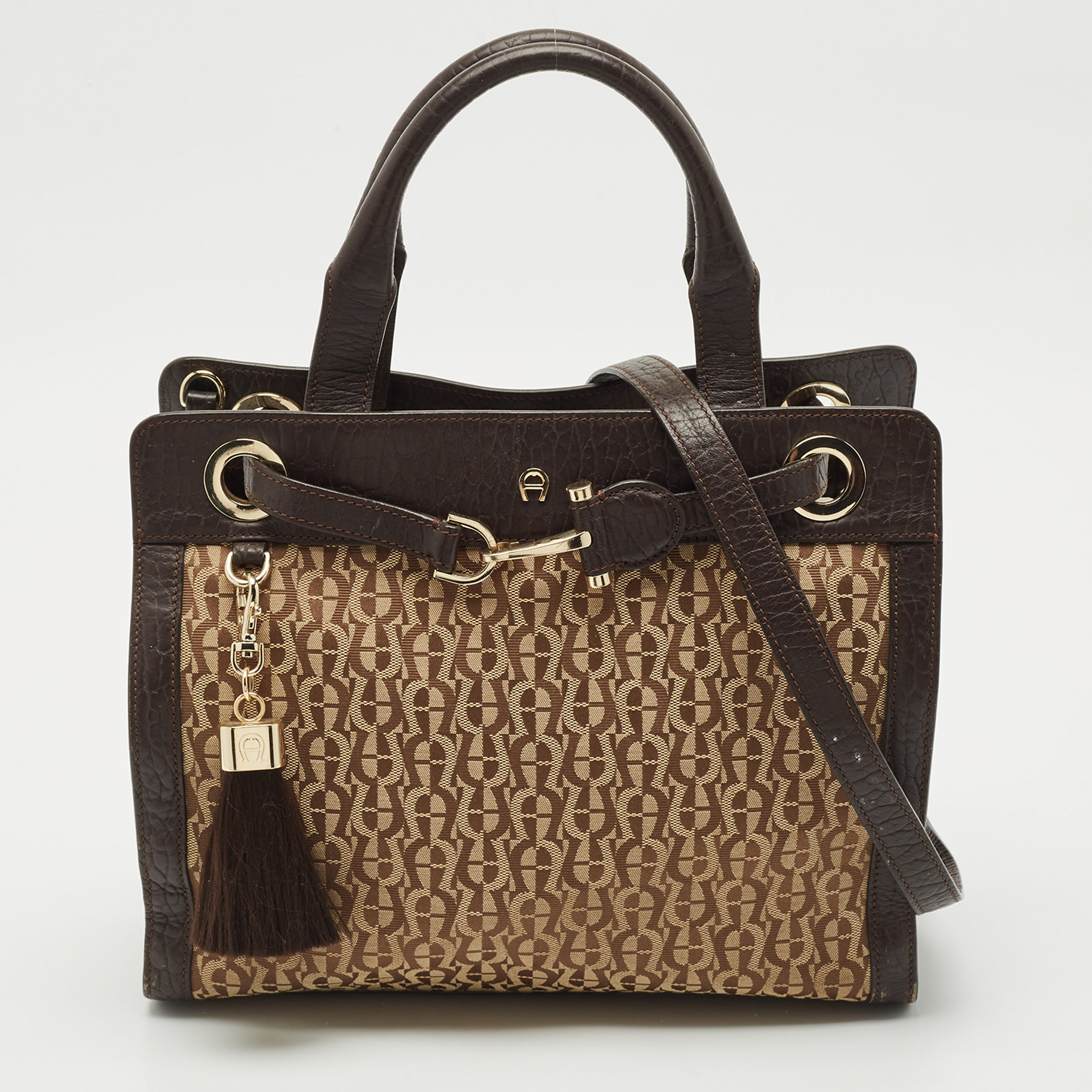 

Aigner Brown/Beige Signature Canvas and Leather Cavallina Tote