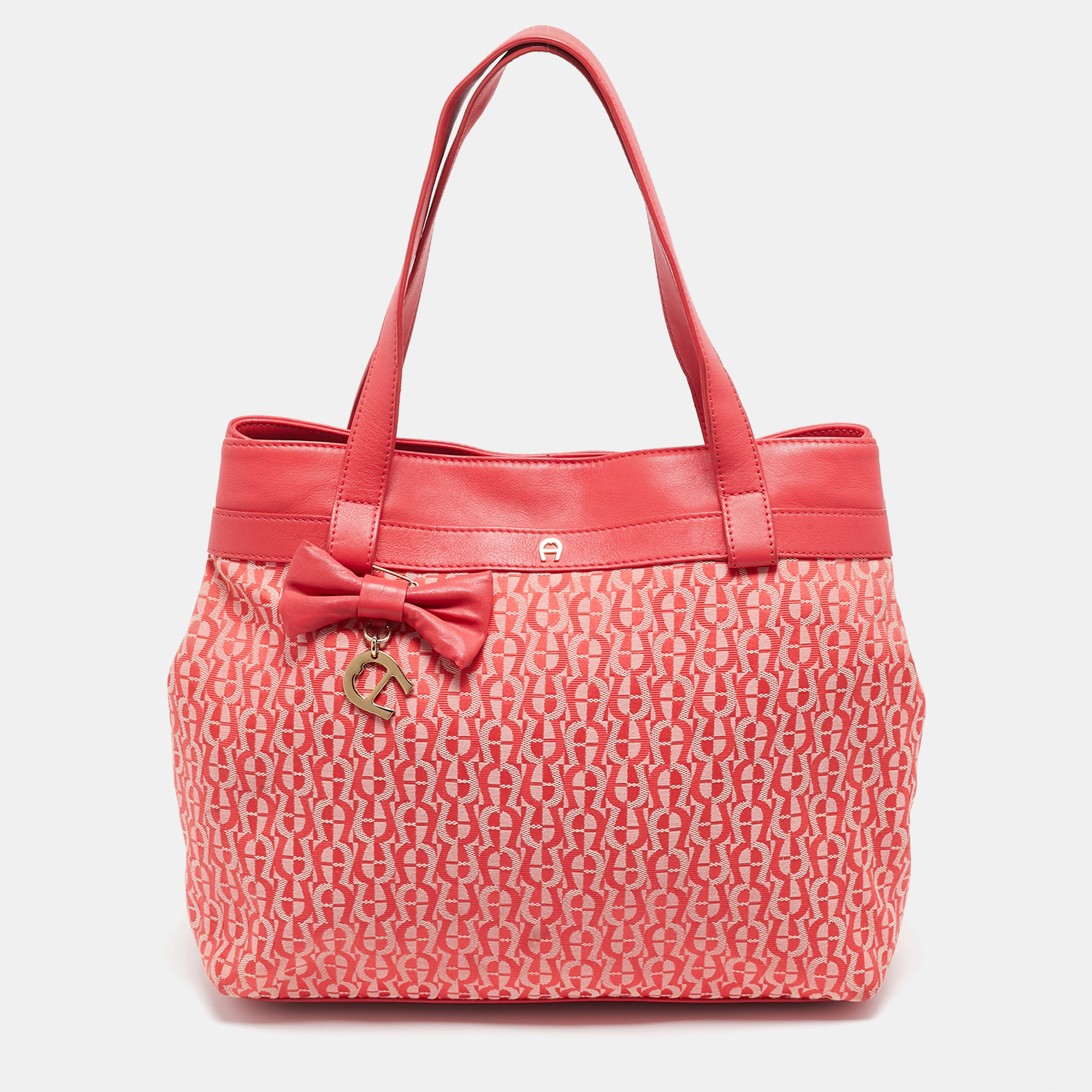 

Aigner Rose Red Signature Canvas and Leather Bow Tote