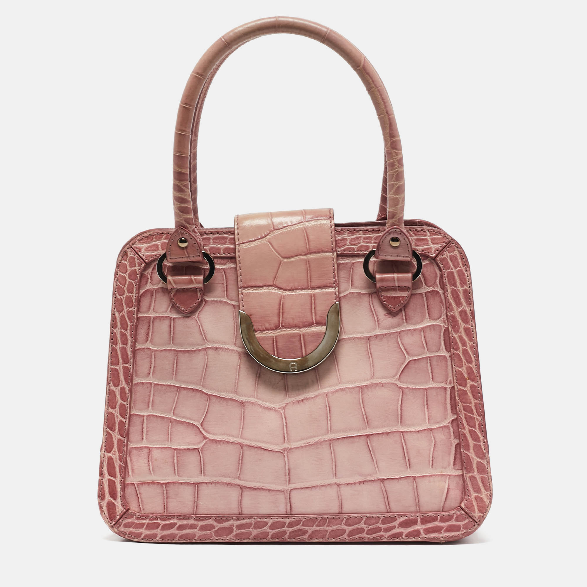 

Aigner Pink Croc Embossed Leather Frame Flap Satchel