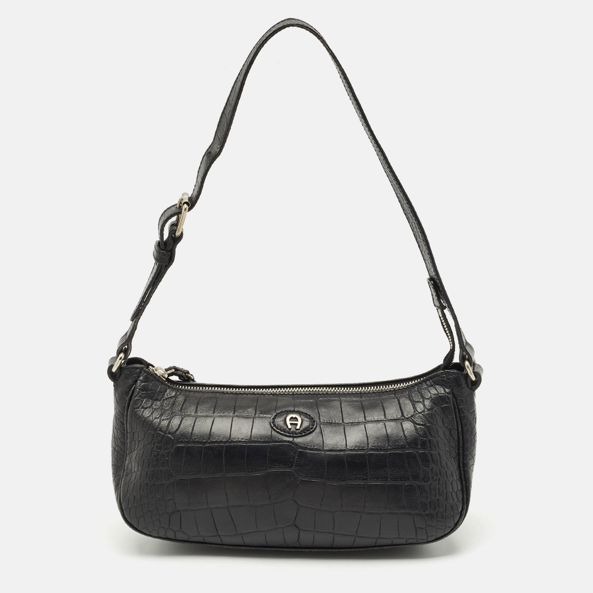 Pre-owned Aigner Black Croc Embossed Leather Buckle Shoulder Bag