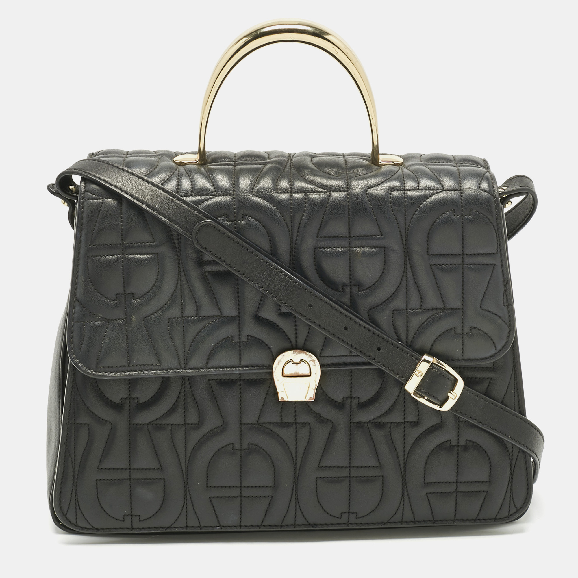 Pre-owned Aigner Black Leather Logo Embossed Genoveva M Top Handle Bag