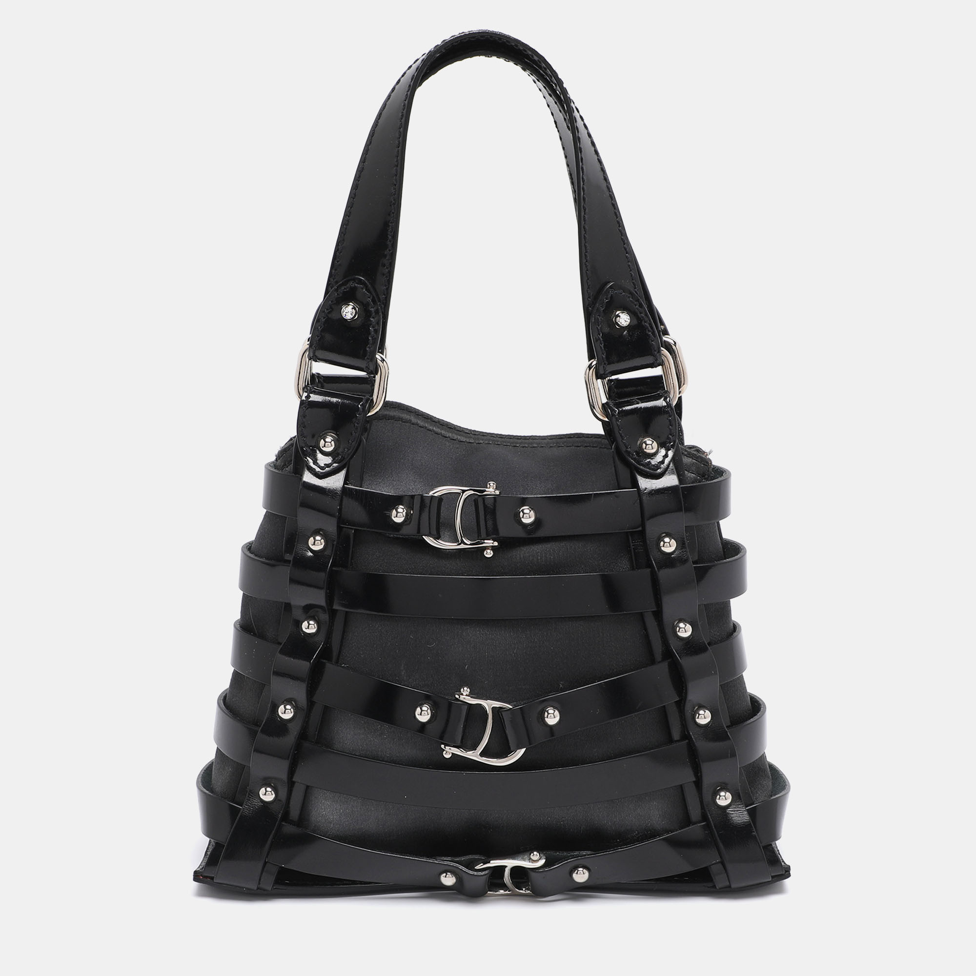 

Aigner Black Satin and Leather Caged Tote
