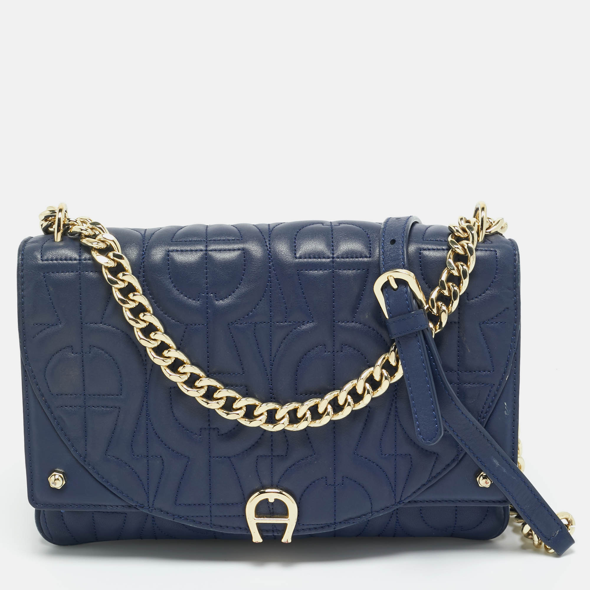 

Aigner Navy Blue Embossed Leather Diadora  Crossbody Bag