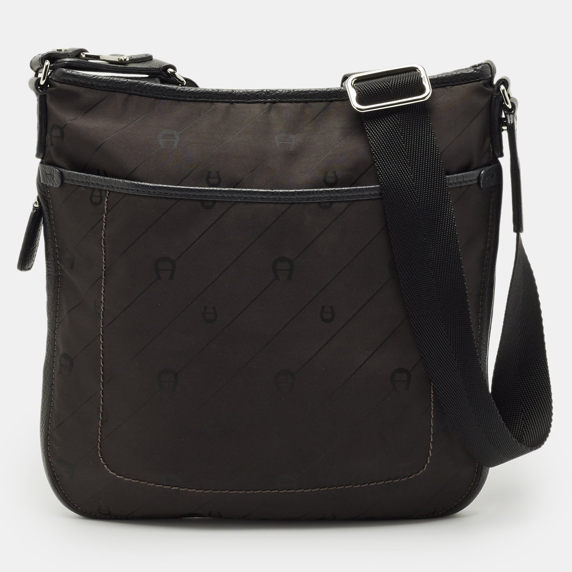 Pre-owned Aigner Dark Brown/black Monogram Leather And Nylon Messenger Bag