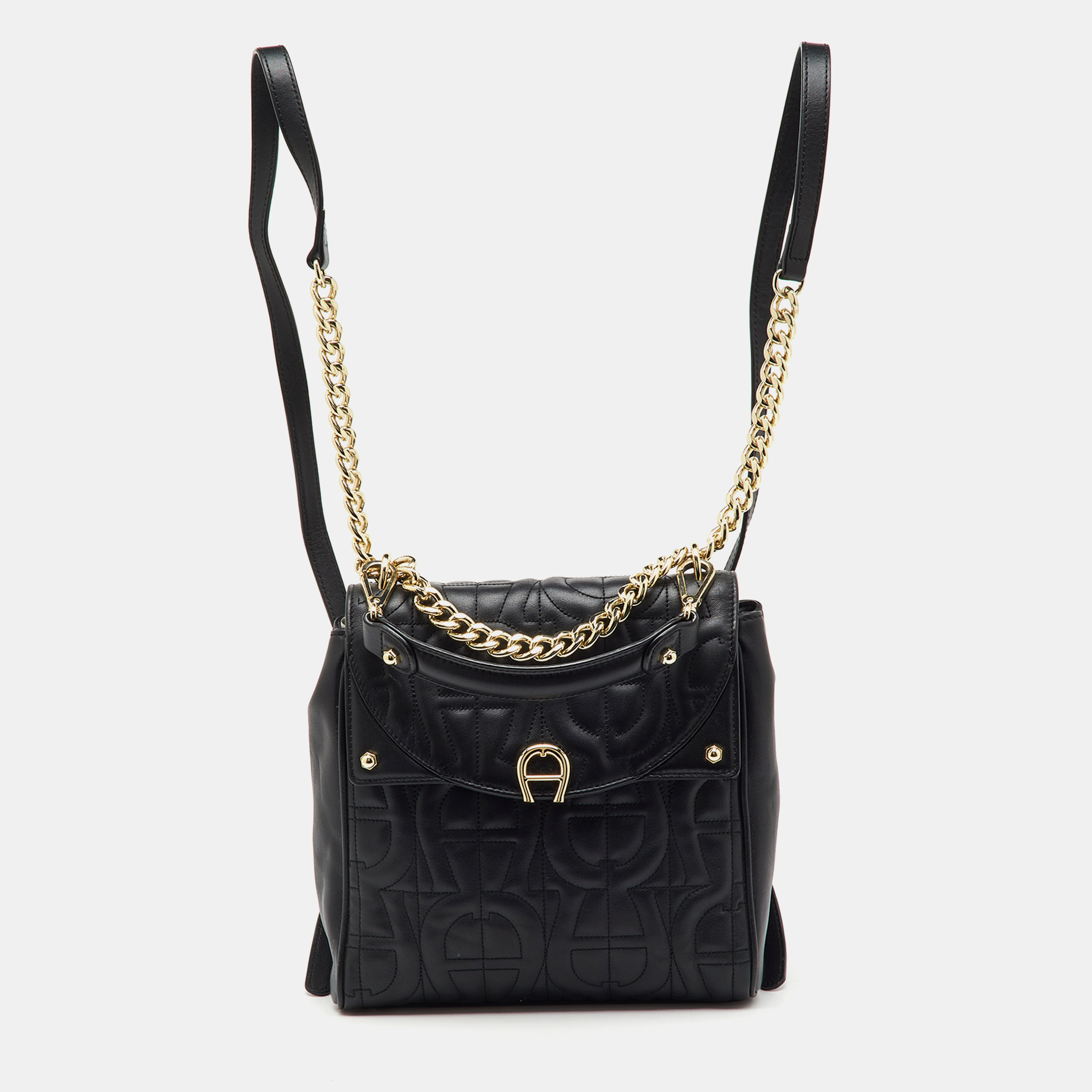 Pre-owned Aigner Black Logo Embroidered Leather Diadora Backpack