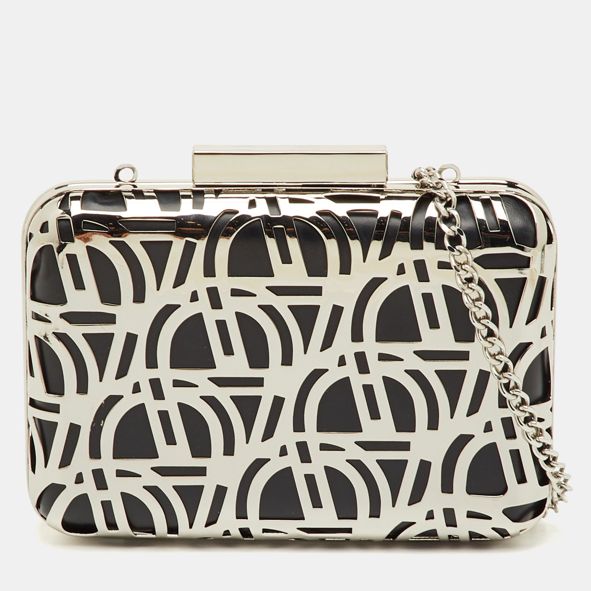 Pre-owned Aigner Tesora Black Leather And Metal Cut-out Minaudiere Chain Clutch