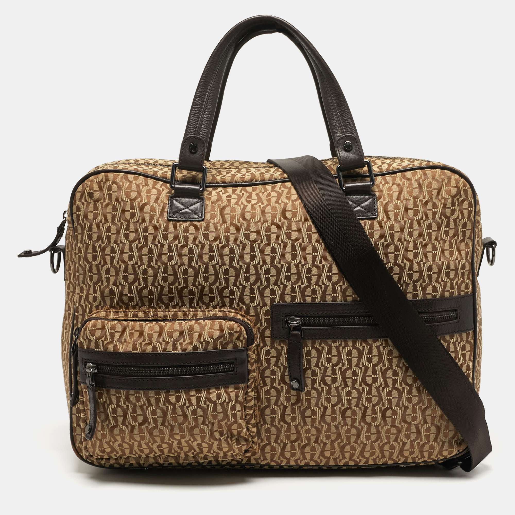 Aigner Front Pocket Brown/Beige Monogram Canvas and Leather Laptop Bag