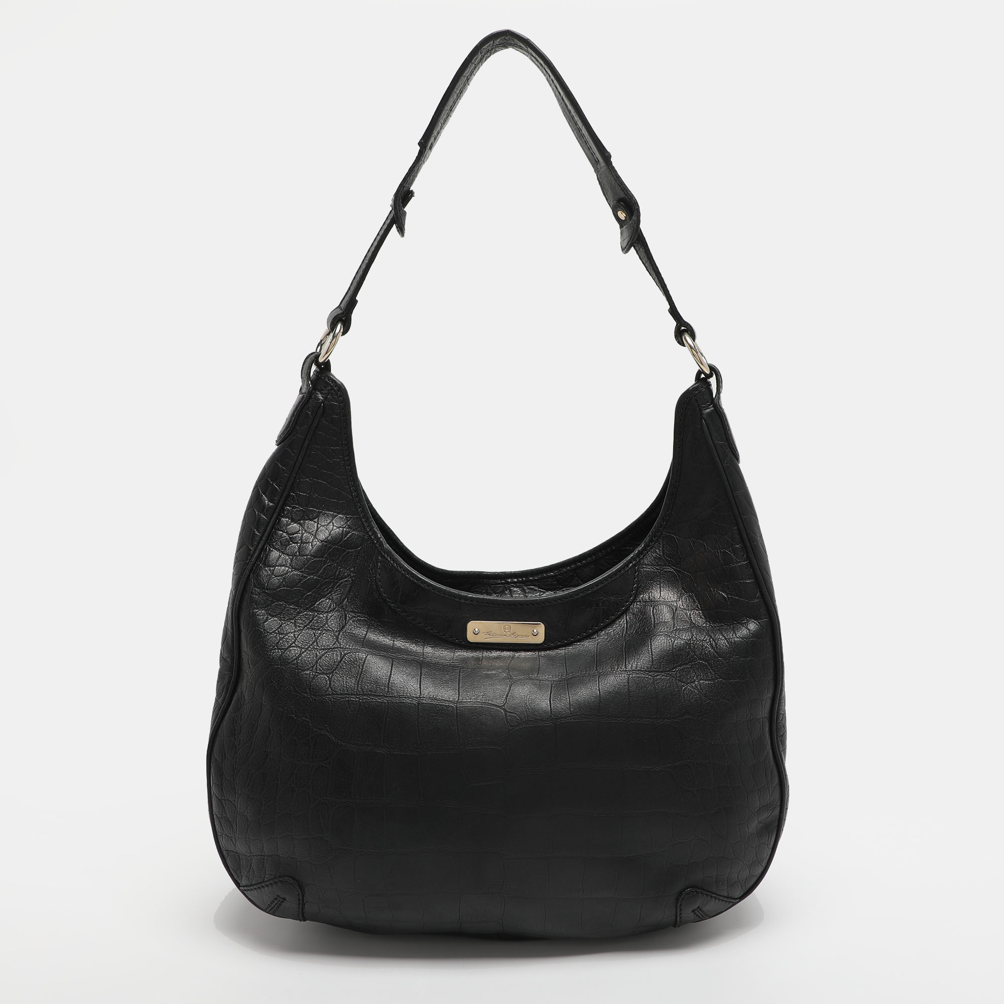 

Aigner Black Croc Embossed Leather Hobo
