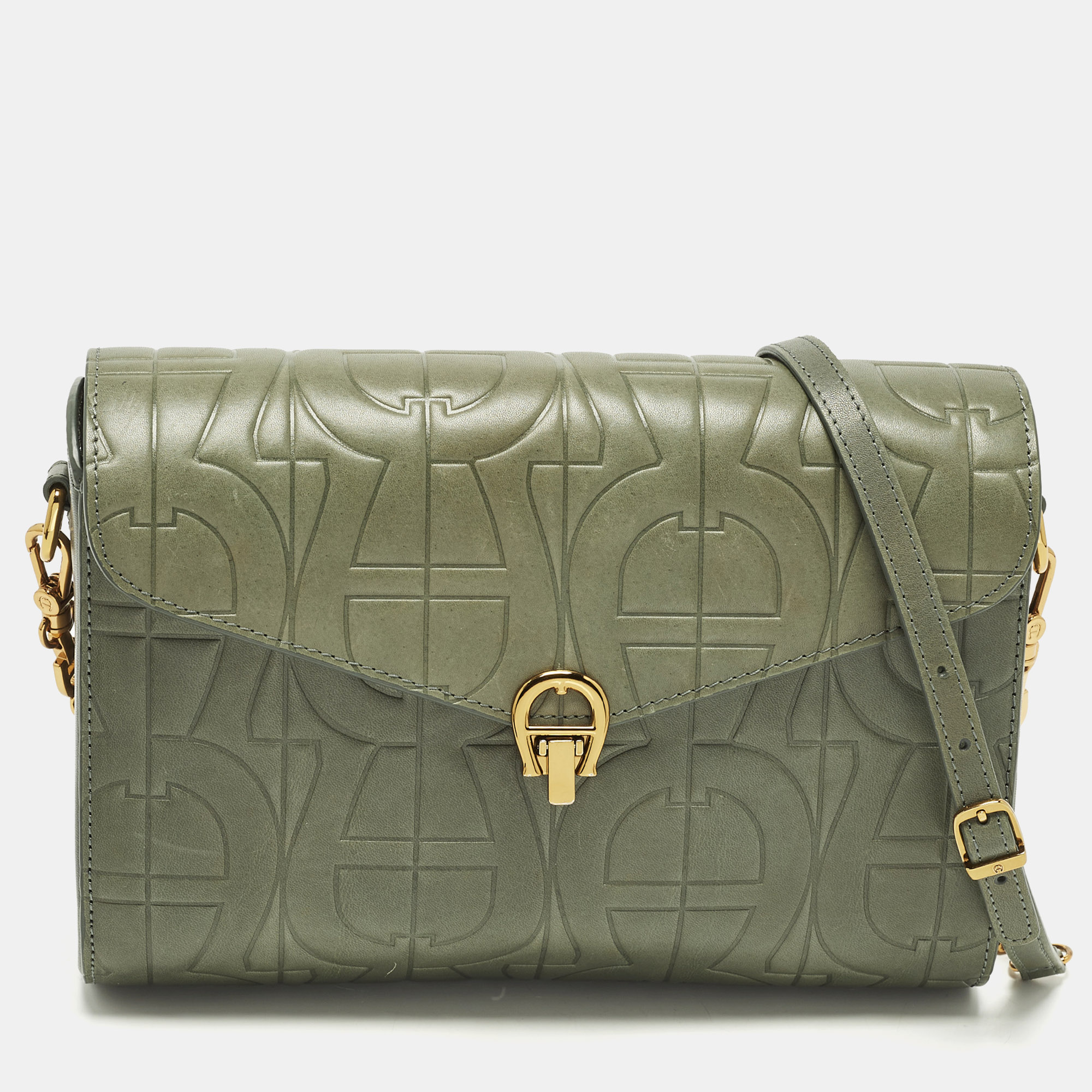 

Aigner Pria Green Logo Embossed Leather Crossbody Bag
