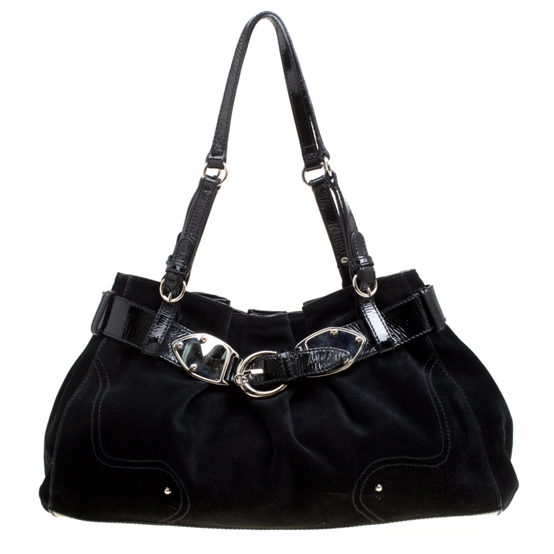 Pre Owned Aigner Black Suede and Patent Leather Shoulder Bag