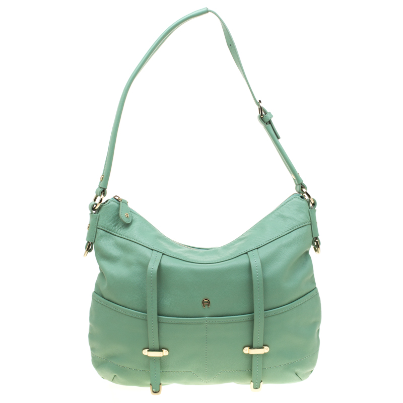 Pre Owned Aigner Green Leather Hobo