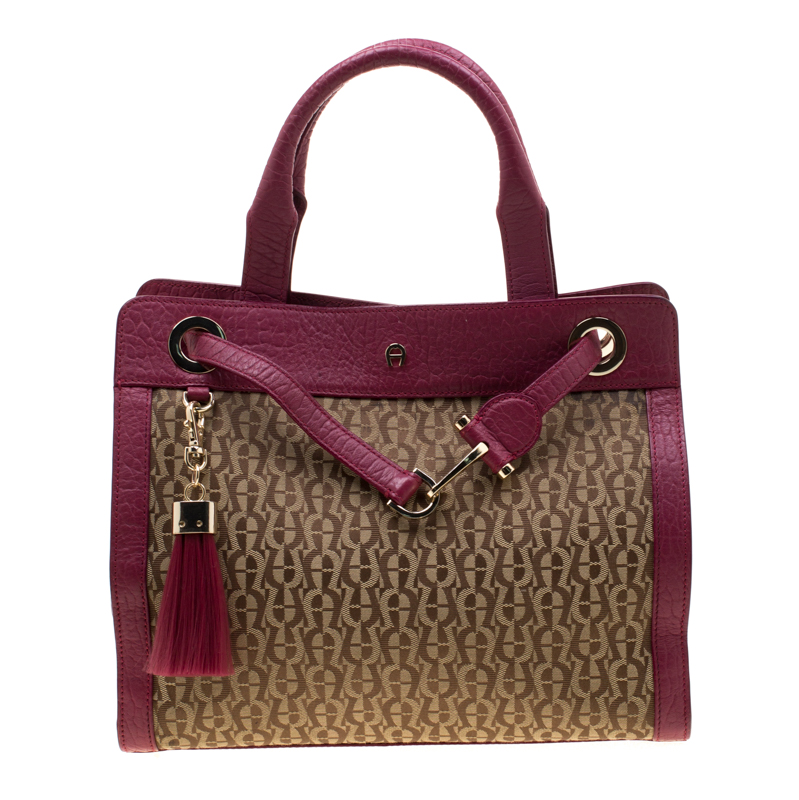 Pre Owned Aigner Beige/Magenta Canvas and Leather Cavallina Top Handle Bag