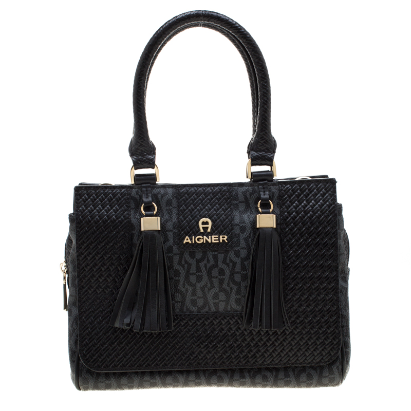 Pre Owned Aigner Black Coated Canvas And Leather Top Handle Bag