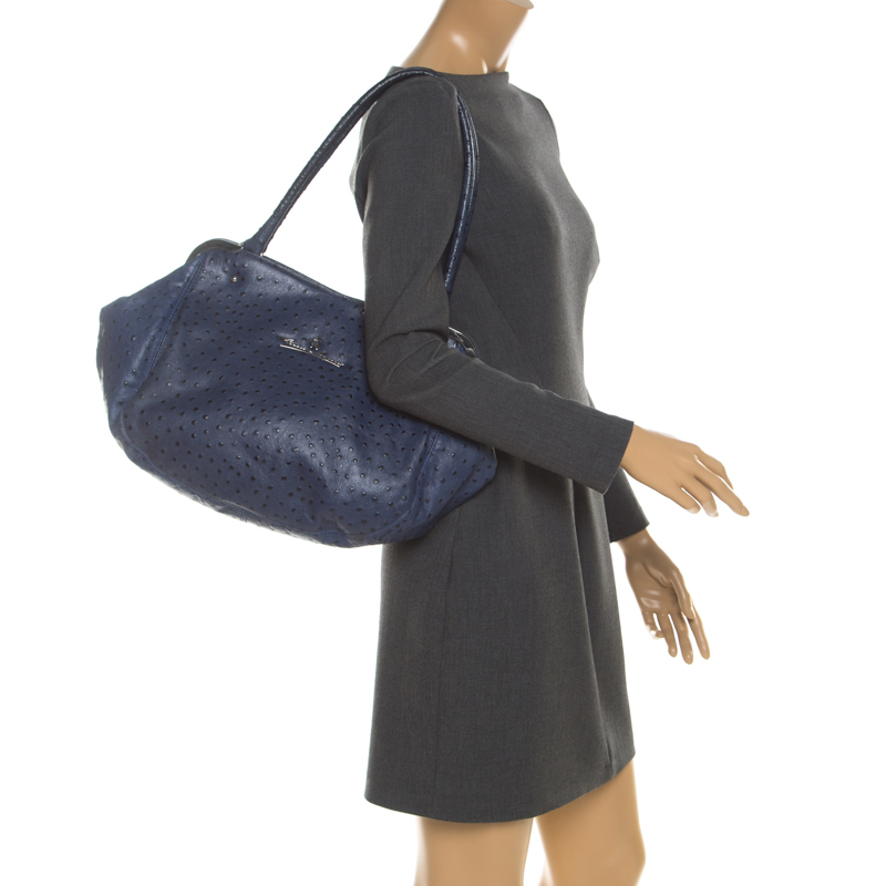 

Aigner Blue Ostrich Embossed Leather Satchel