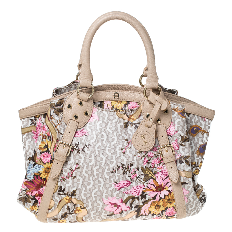 Pre Owned Aigner Beige Floral Print PVC and Leather Satchel