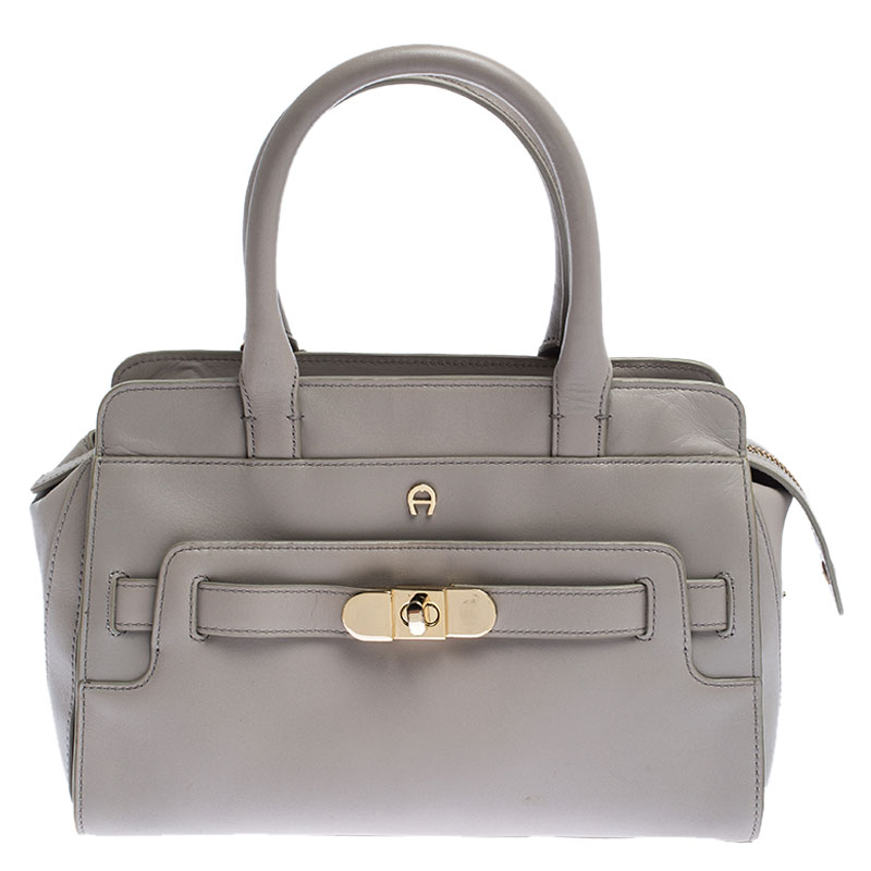 مملوكة مسبقًا Aigner Light Grey Leather Turnlock Shoulder Bag