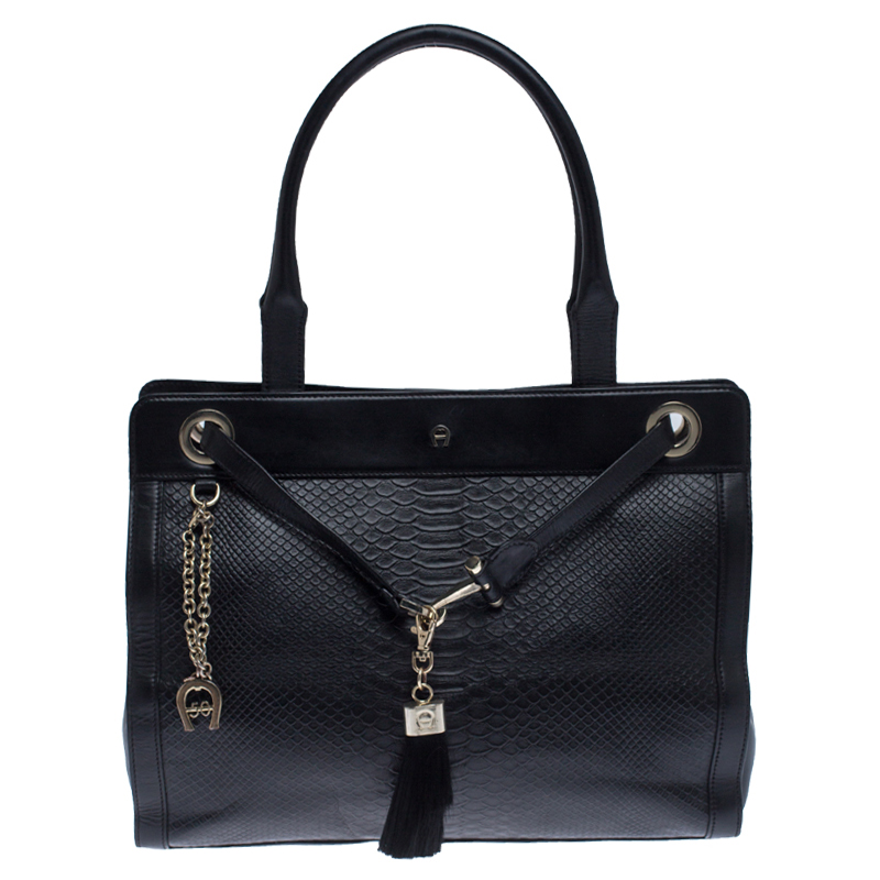 Aigner Black Python Embossed Leather Cavallina Tote