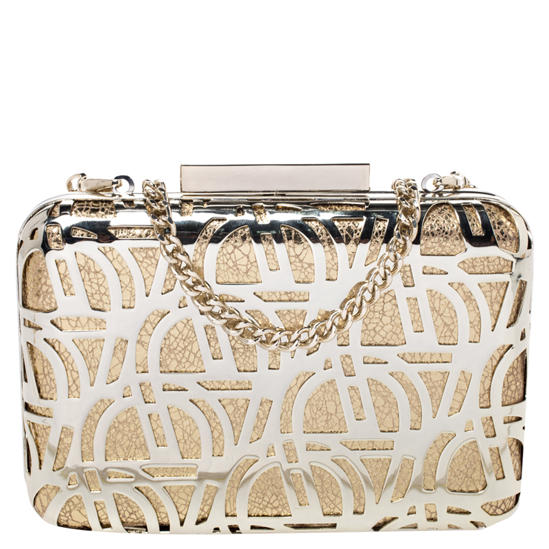 Pre Owned Aigner Gold Metal Tesora Clutch On Chain