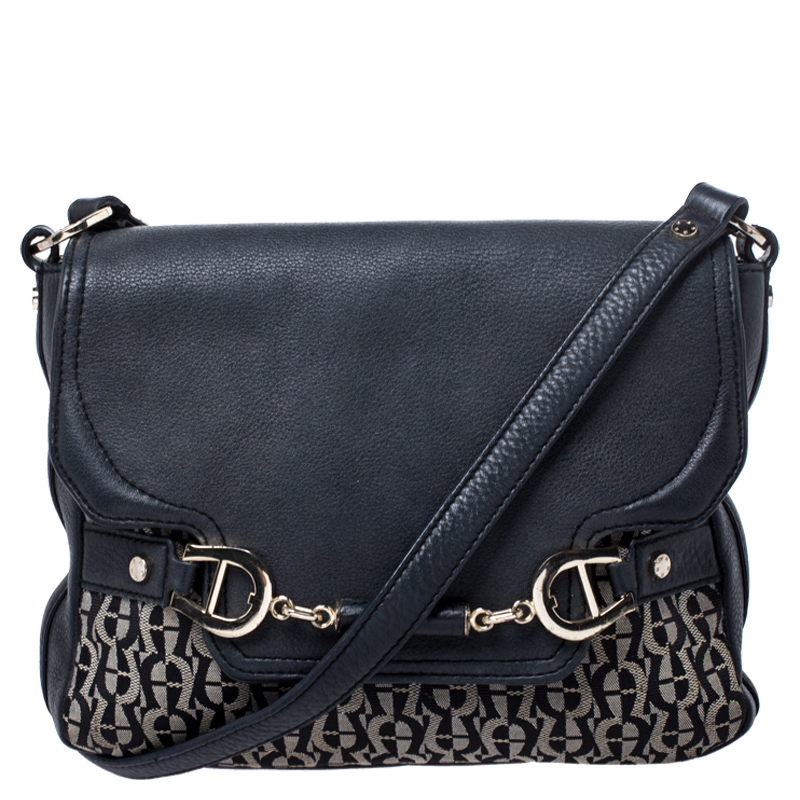 Pre Owned Aigner Black Canvas and Leather Flap Shoulder Bag