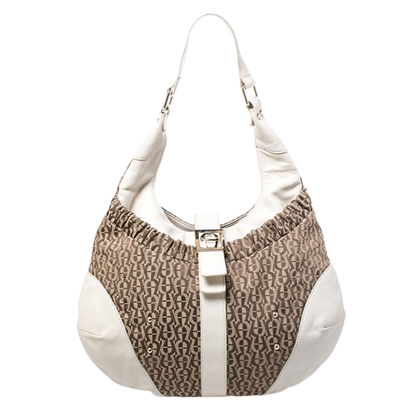 Pre Owned Aigner Beige/Cream Monogram Canvas and Leather Hobo