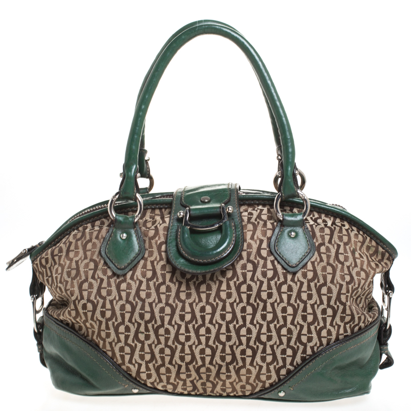 Pre Owned Aigner Green Signature Canvas and Leather Buckle Flap Satchel