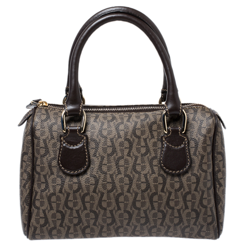 Aigner Dark Brown Zoe Coated Canvas Mini Boston Bag
