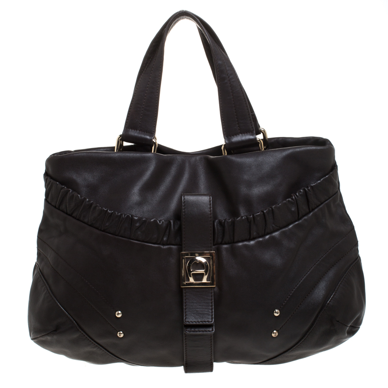 Pre Owned Aigner Choco Brown Leather Front Pocket Hobo