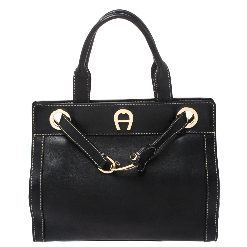 Pre Owned Aigner Black Leather Cavallina Top Handle Bag