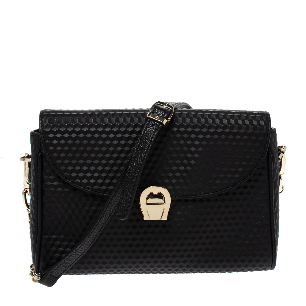 Pre Owned Aigner Black Leather Flap Chain Crossbody Bag