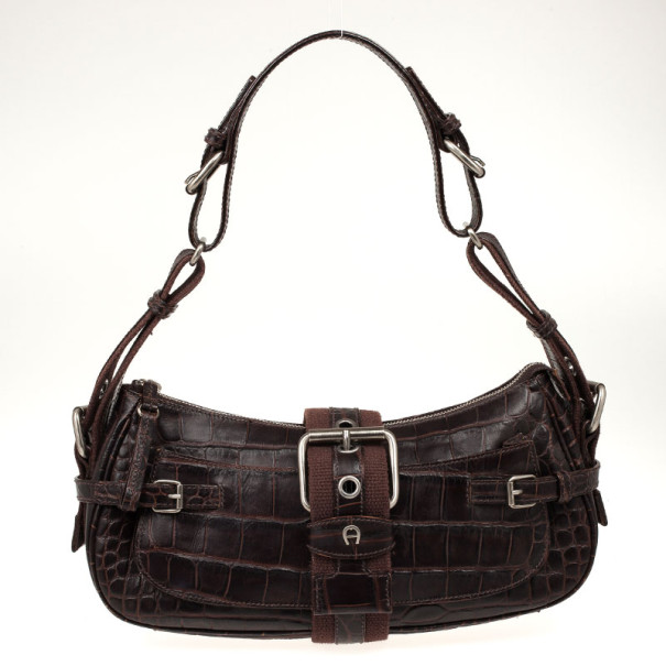 Pre Owned Aigner Brown Crocodile Embossed Leather Shoulder Bag
