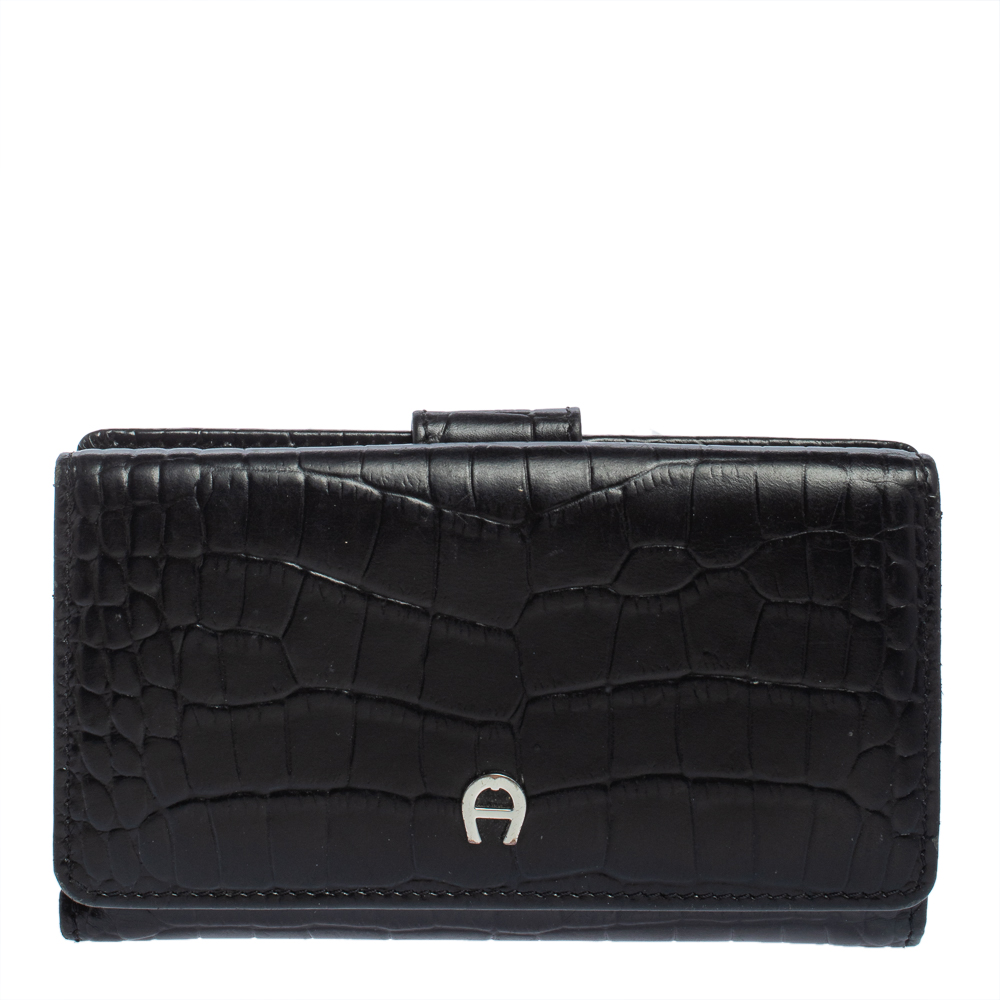 Pre-owned Aigner Black Croc Embossed Continental Wallet