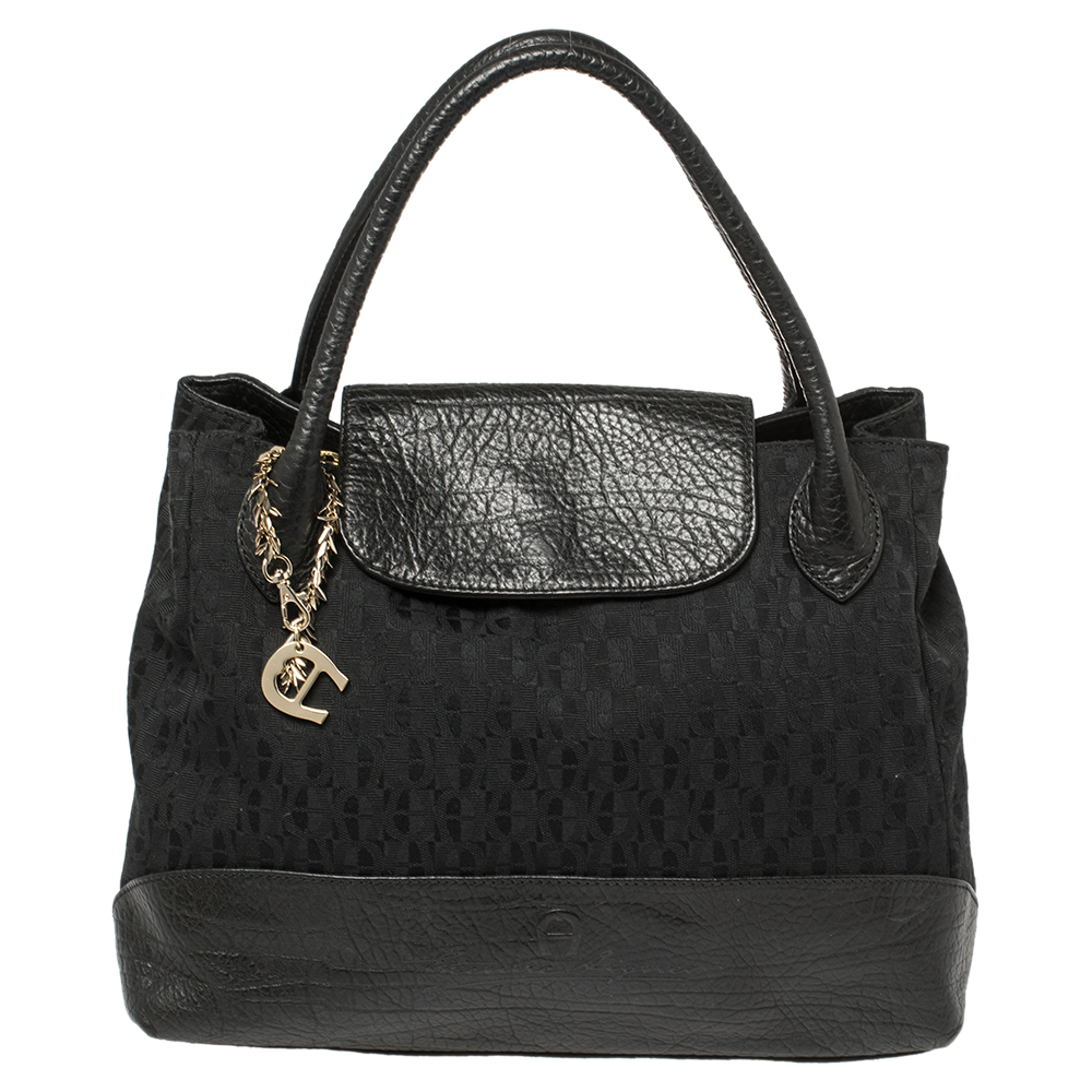 Pre-owned Aigner Black Signature Canvas And Leather Charm Tote