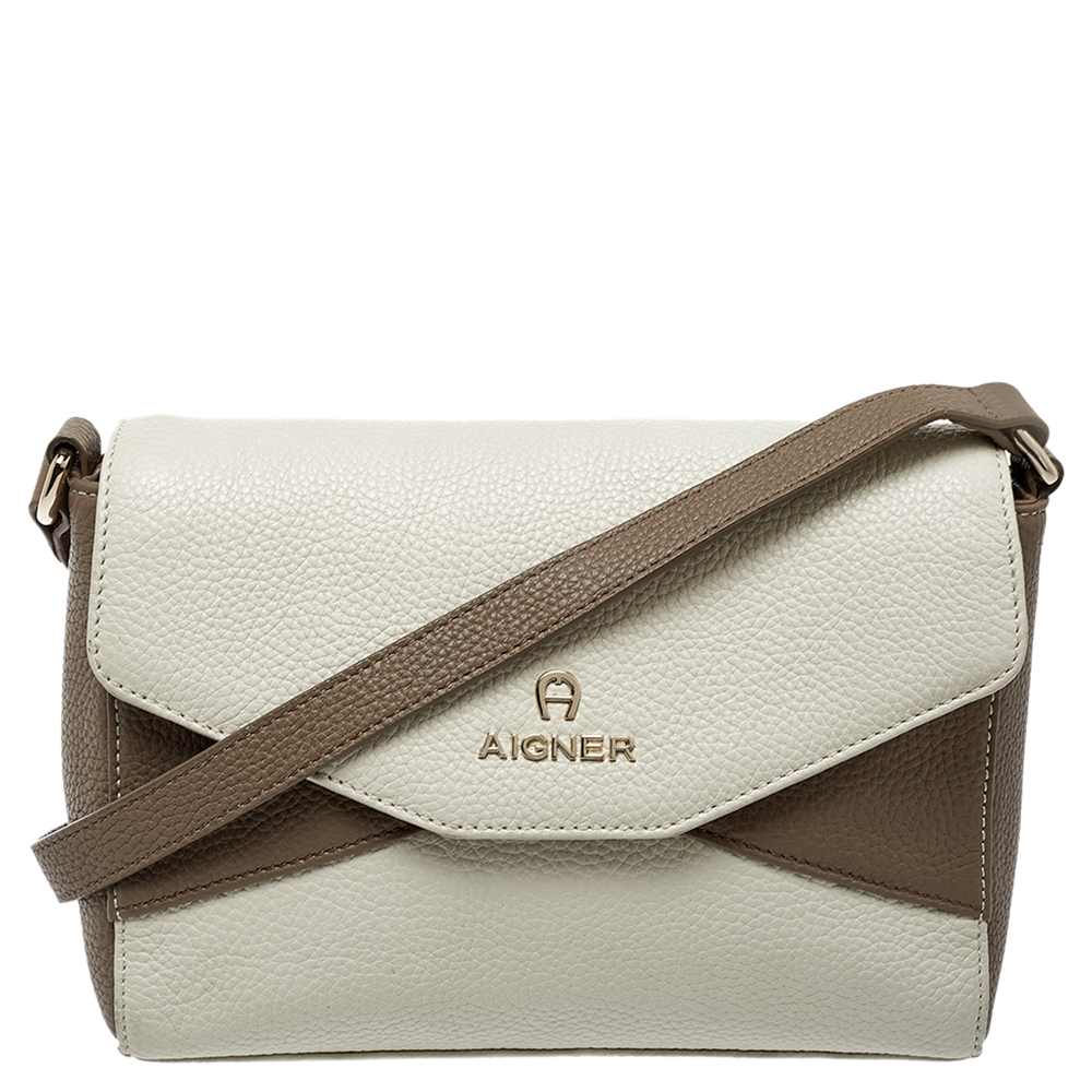 Pre-owned Aigner Two Tone Leather Flap Crossbody Bag In Beige