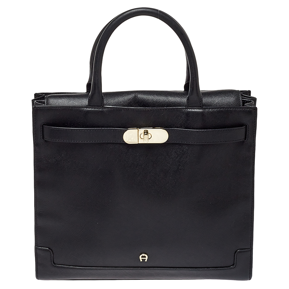 Pre-owned Aigner Black Leather Turnlock Tote