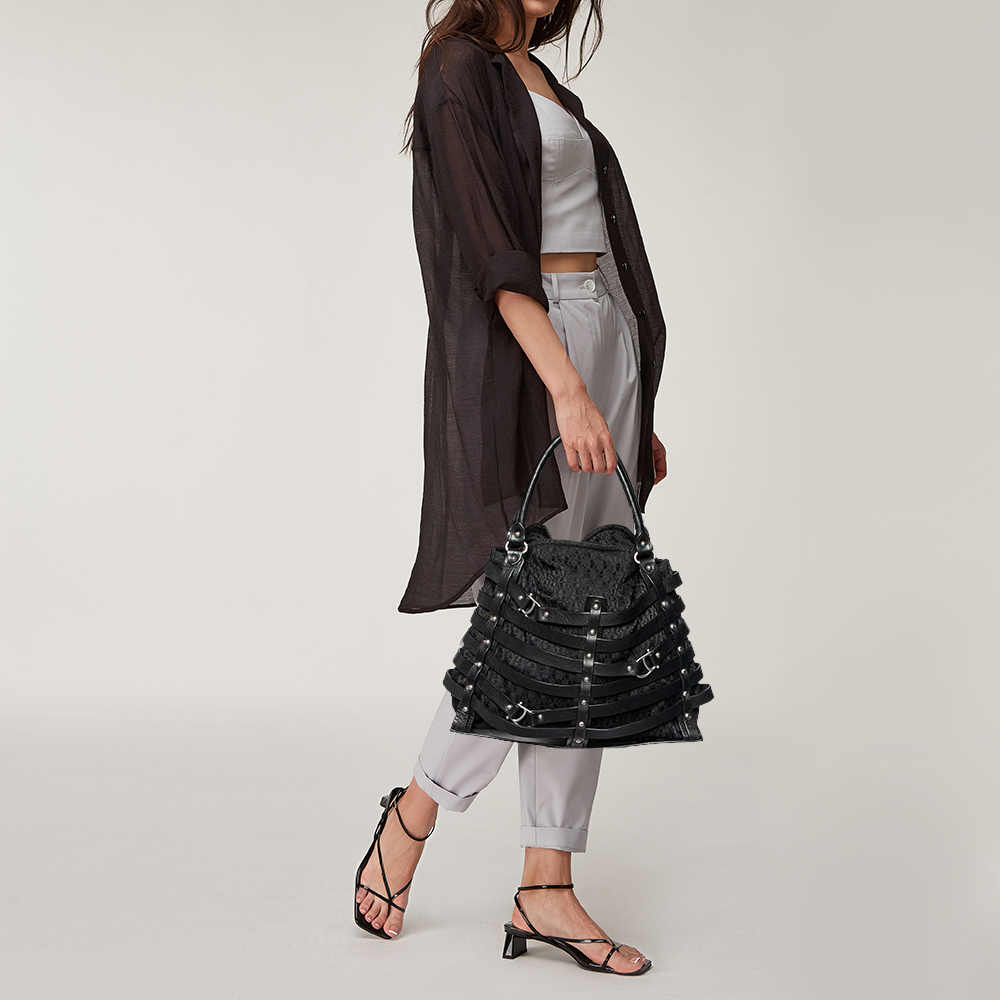 

Aigner Black Fabric and Leather Cage Tote