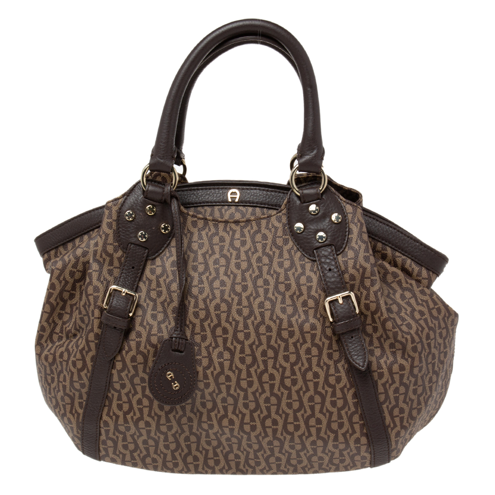 Pre-owned Aigner Brown Signature Coated Canvas And Leather Zip Shoulder ...