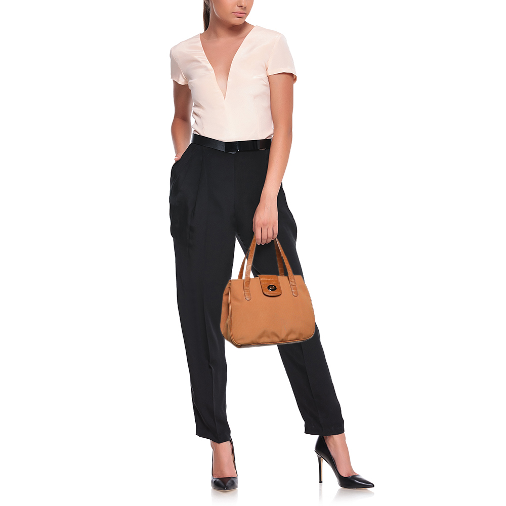 

Aigner Orange Nylon and Croc Embossed Leather Tote
