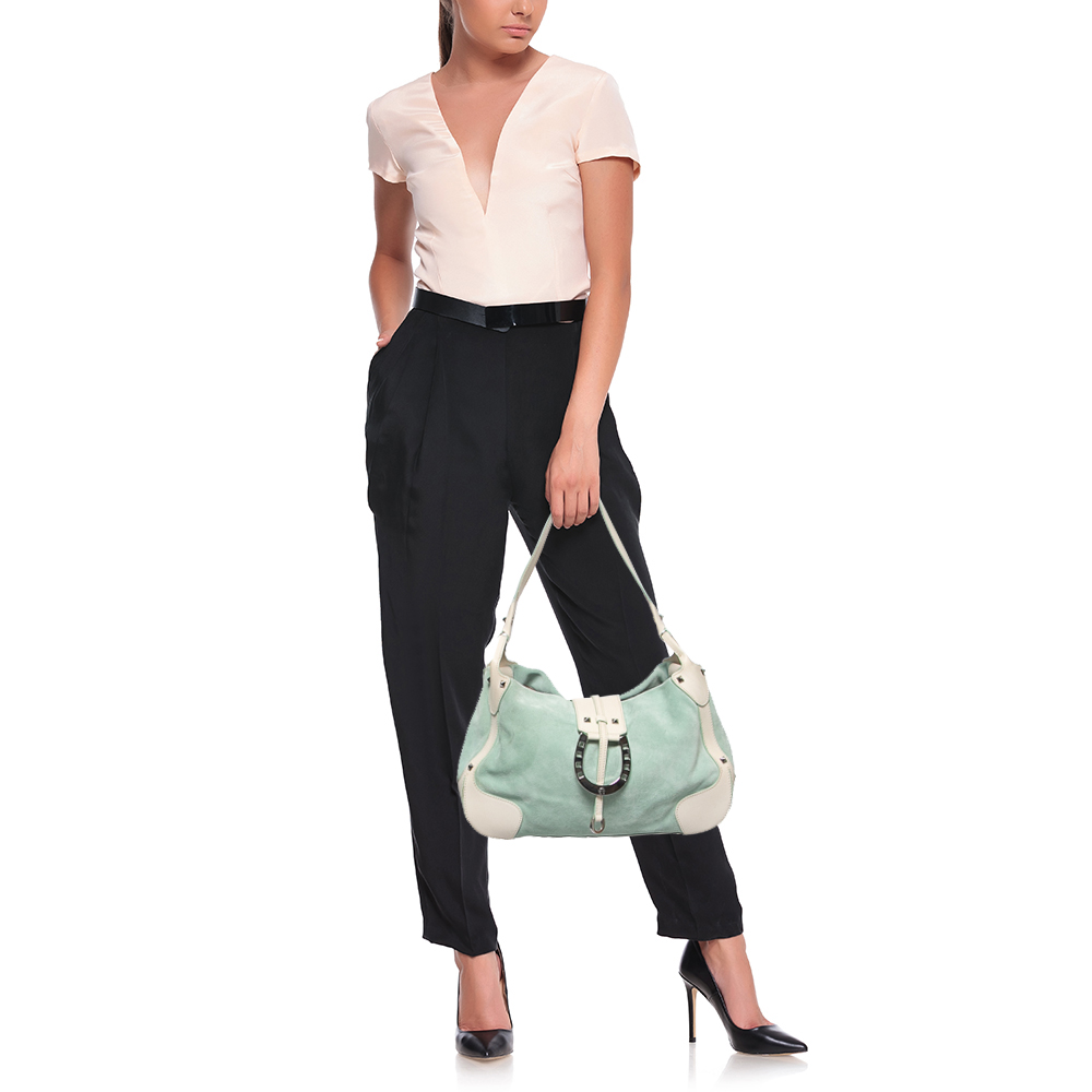 

Aigner Green/White Leather and Suede Logo Buckle Shoulder Bag
